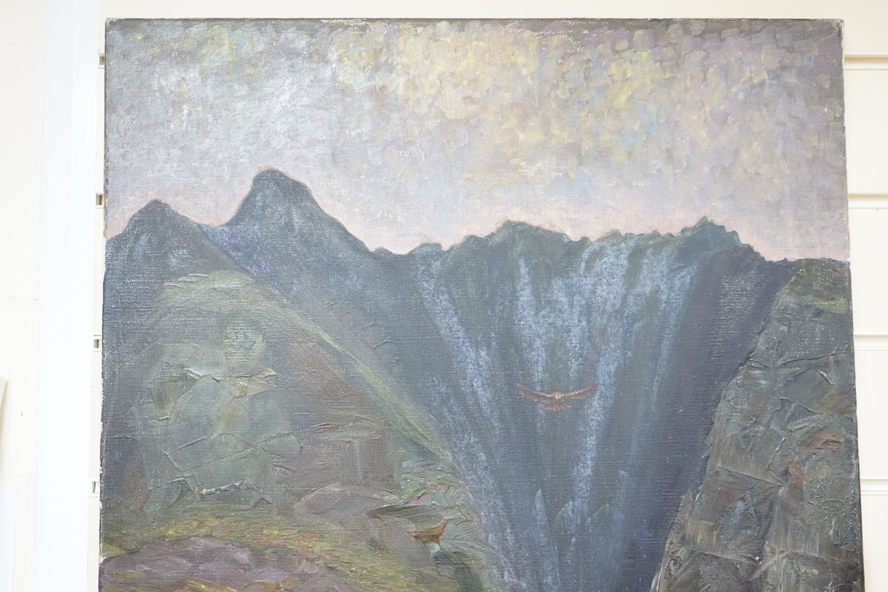 Galloway (1935-), oil on canvas, Eagle flying over a fjord, inscribed verso, 76 x 50cm, unframed